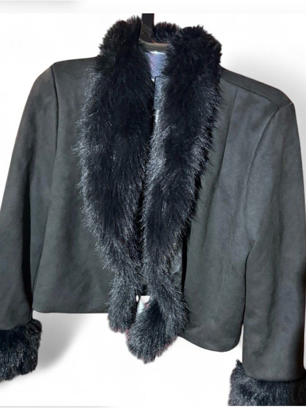 Cropped Teddy Jacket with Faux Fur Trim - Black